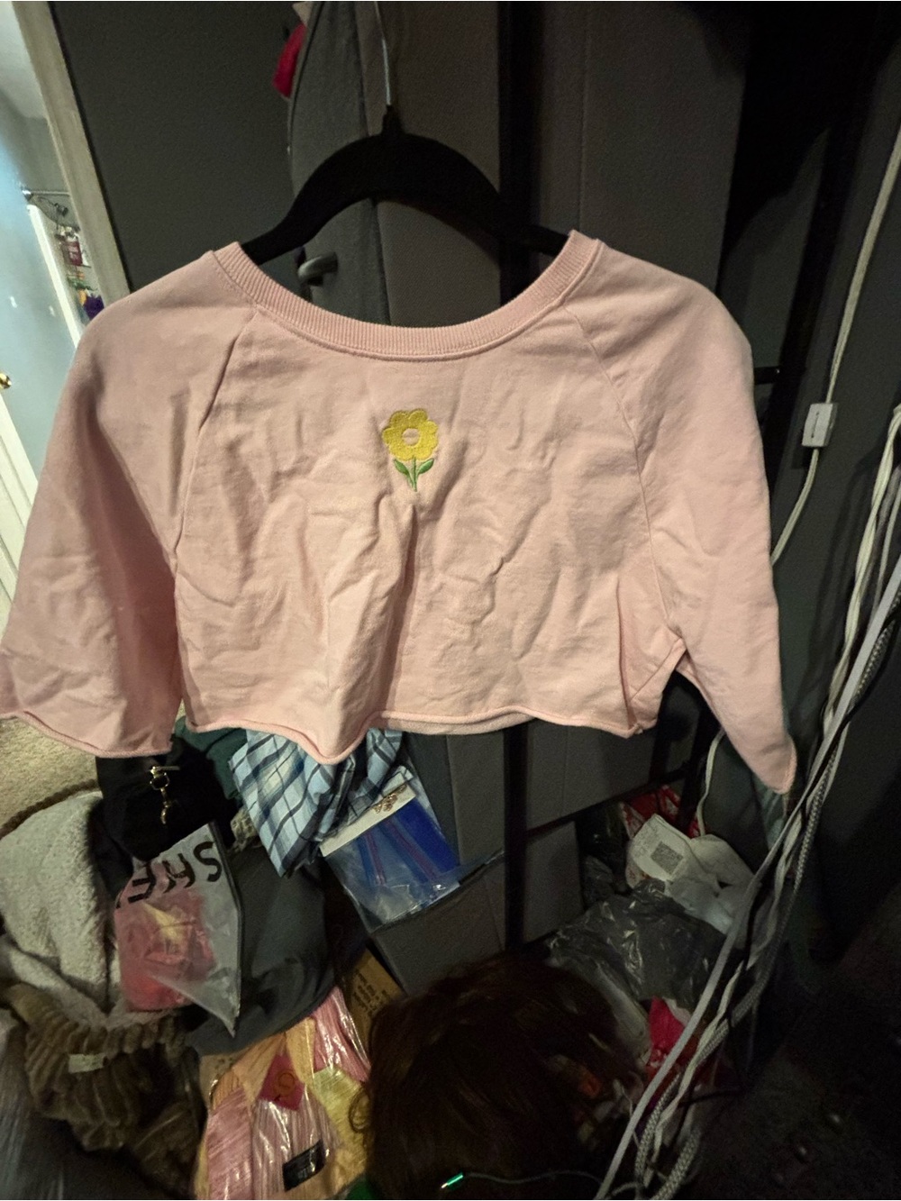 BP Light Pink Cropped Sweatshirt with Yellow Flower Embroidery Medium